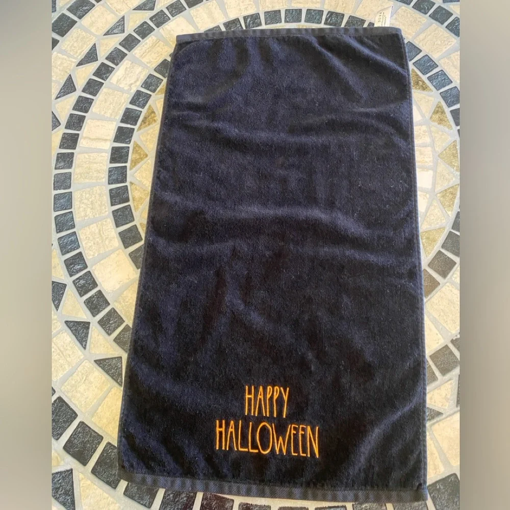 Rae Dunn Happy Halloween Hand Towels Black Towels with Orange Halloween Text